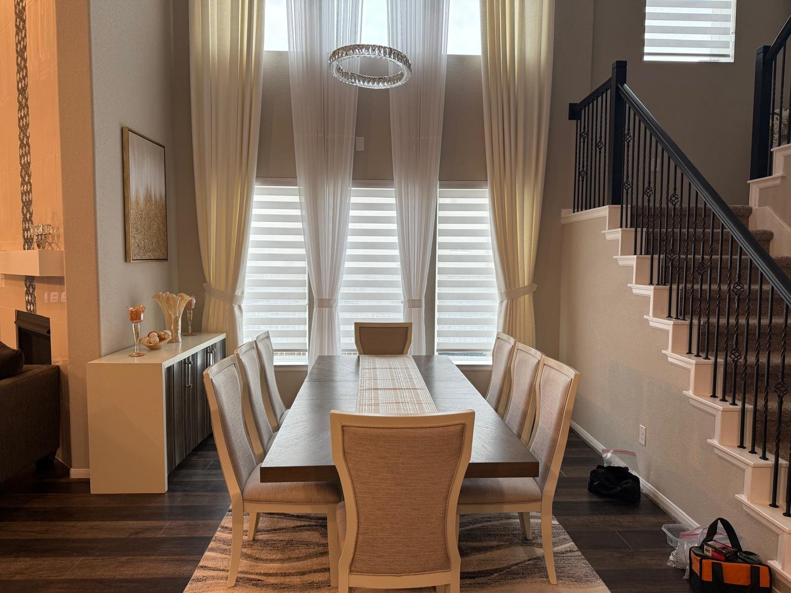 GTA tall window sheer drapery in dining room
