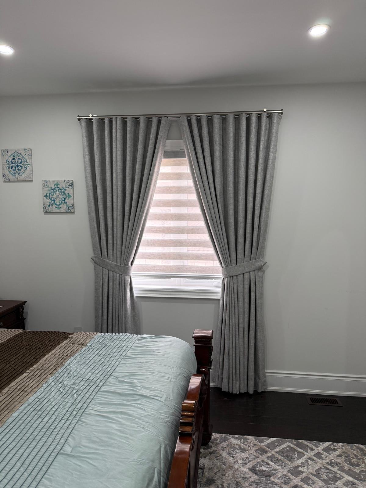 Toronto bedroom grey drapery panels on custom window