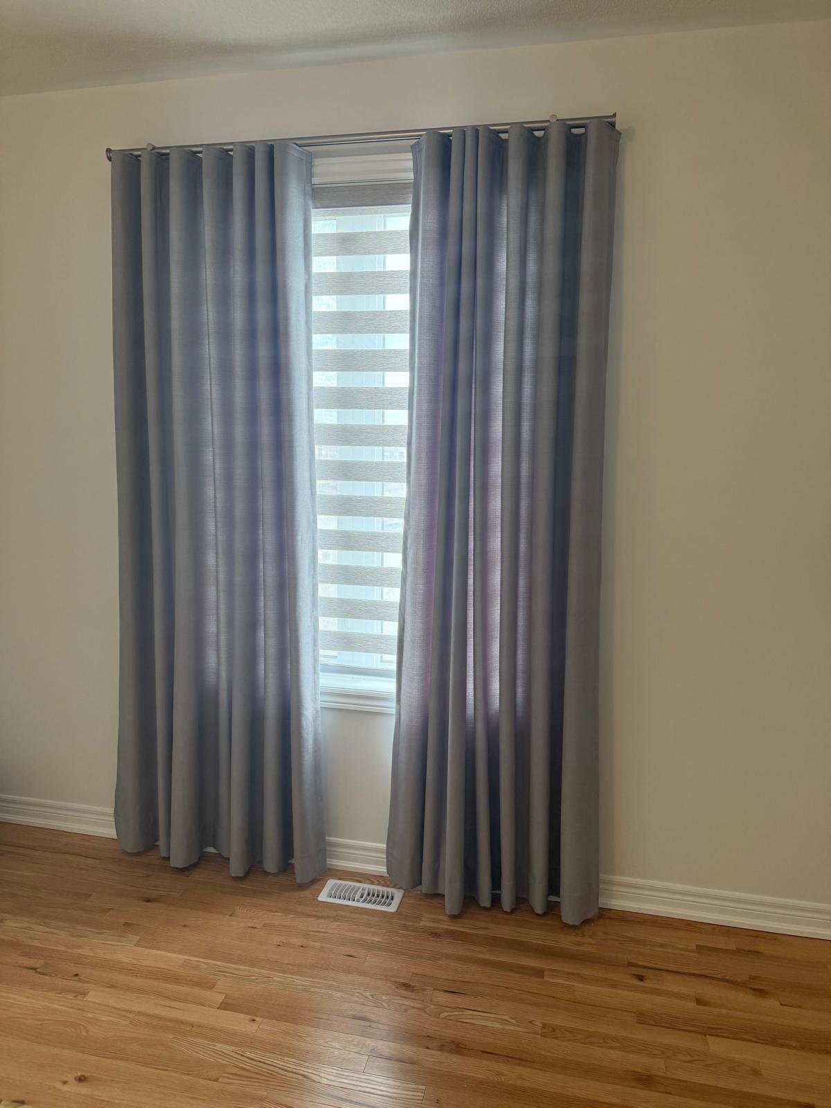 Toronto bedroom grey drapery with sheer curtains