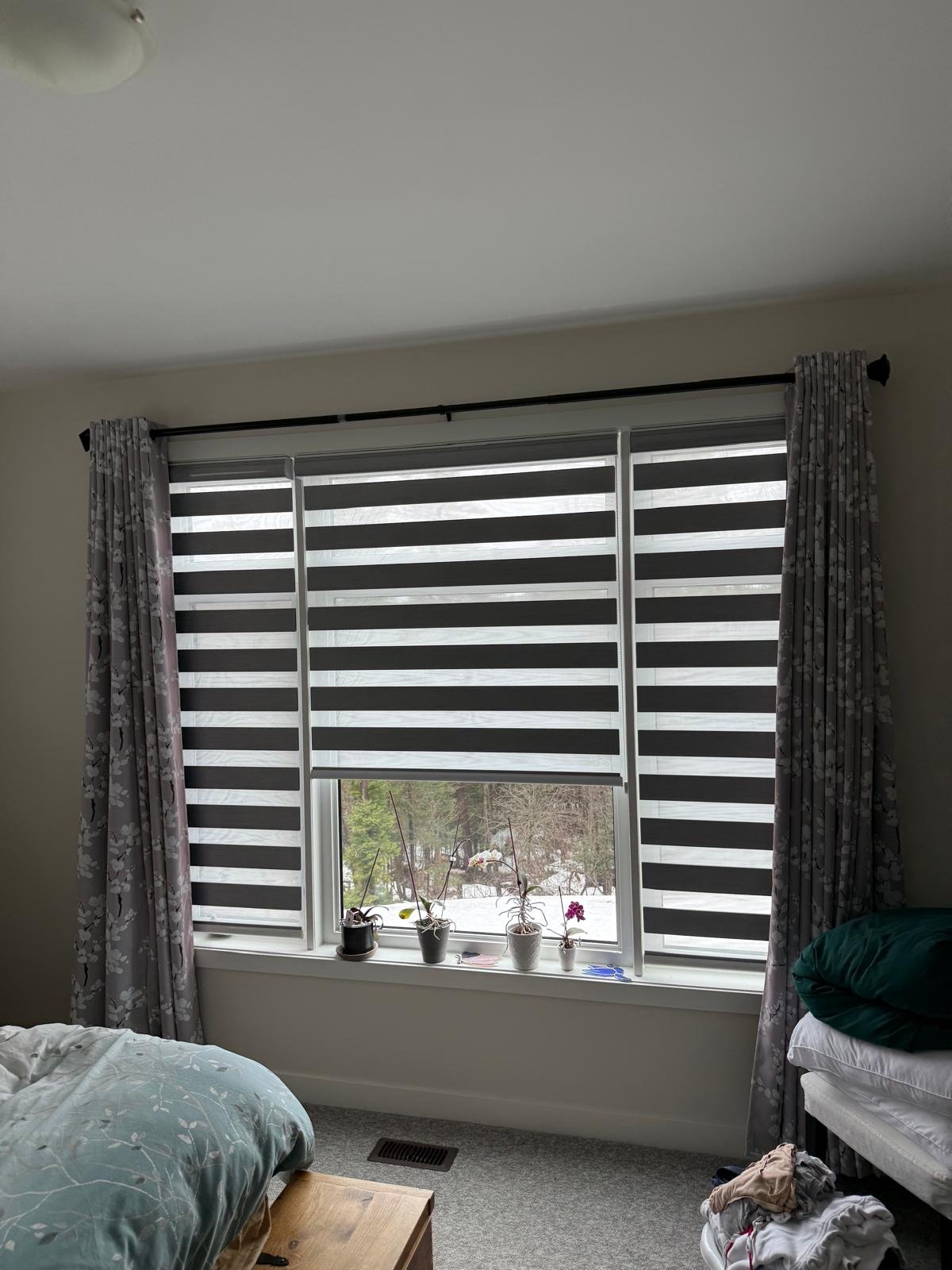Toronto bedroom zebra shades with curtains for layered window treatment