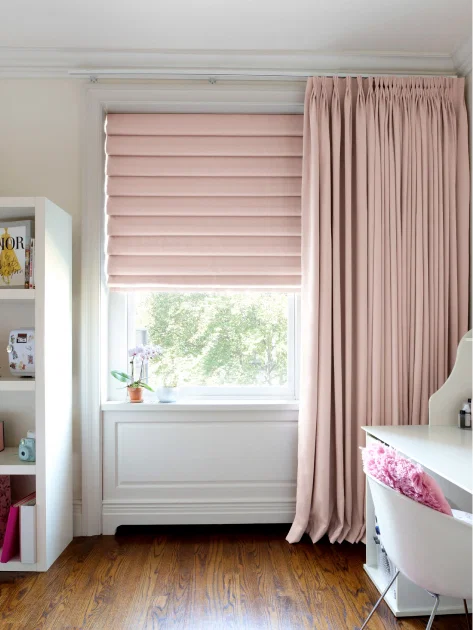 Roman shades with elegant fabric folds