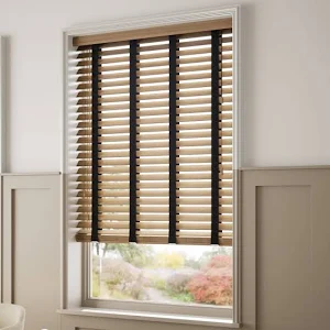 Faux wood blinds in a moisture resistant finish