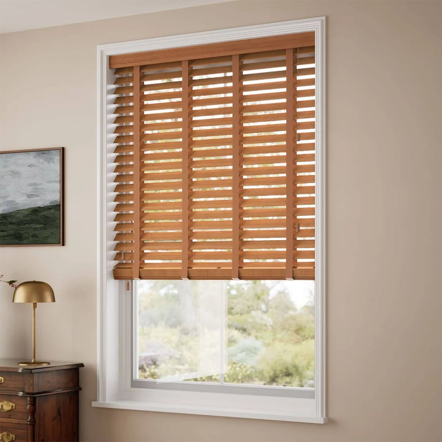 Wood blinds with warm natural finish